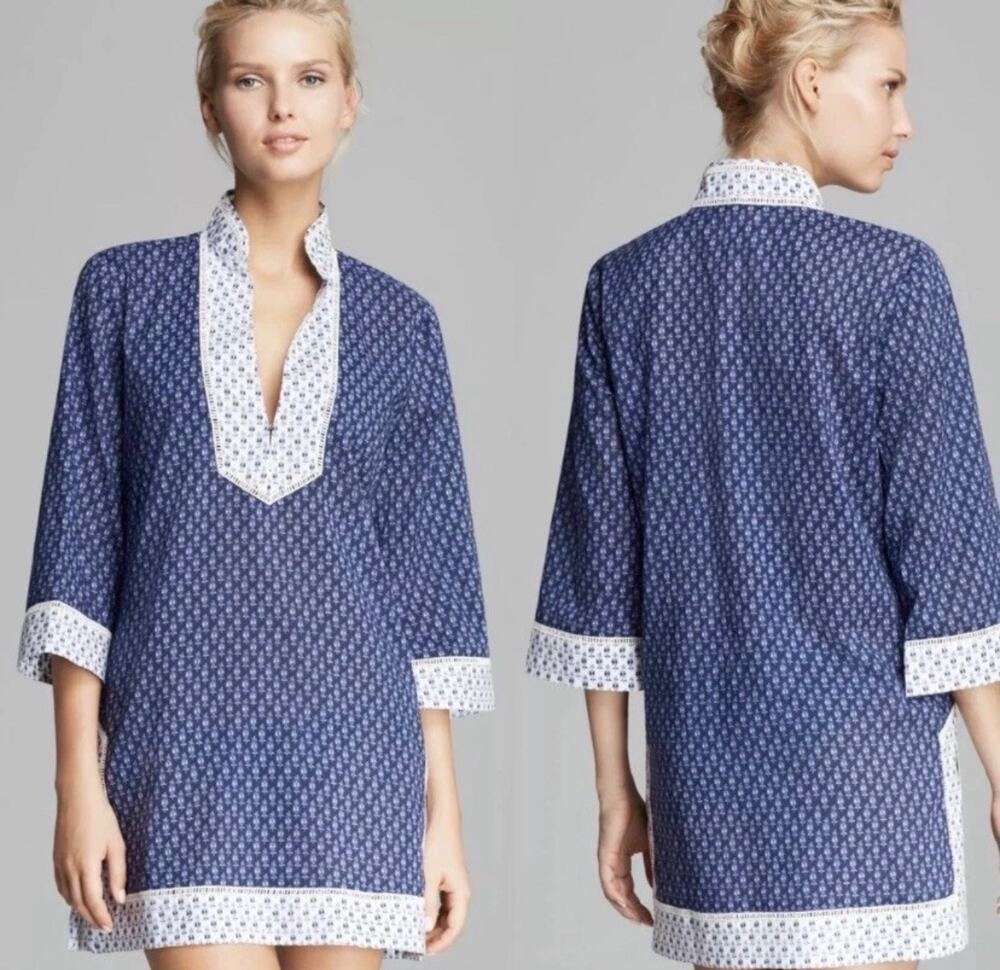 Tory Burch Blue White Floral Boria Tunic 3/4 Sleeve Top-Size Medium